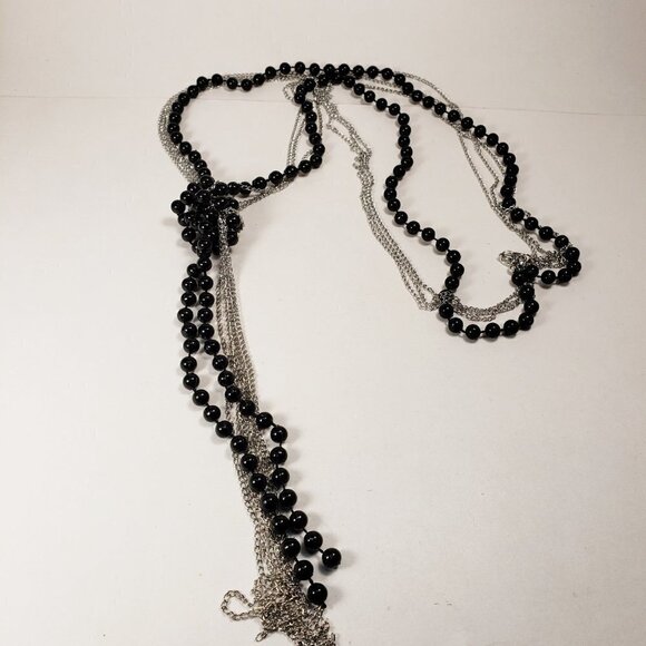 Women's Stylish Polished Silver tone 48" Black Layered Beaded Necklace - Picture 3 of 8
